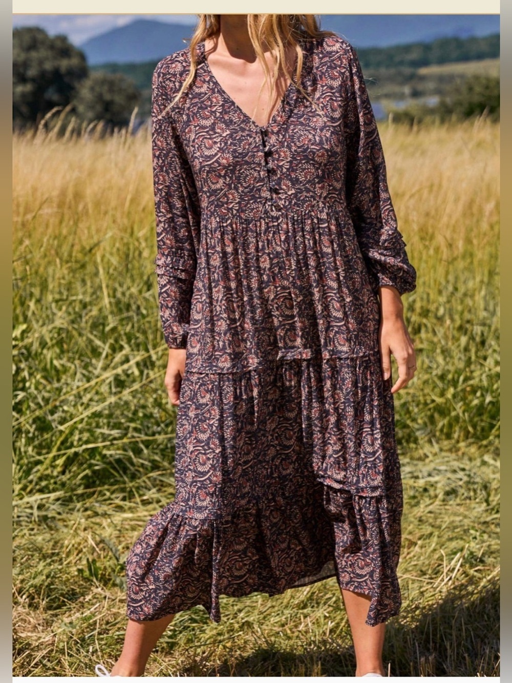 Faherty Isabella Dress Midi Tiered Printed Boho Romantic Casual , size XS